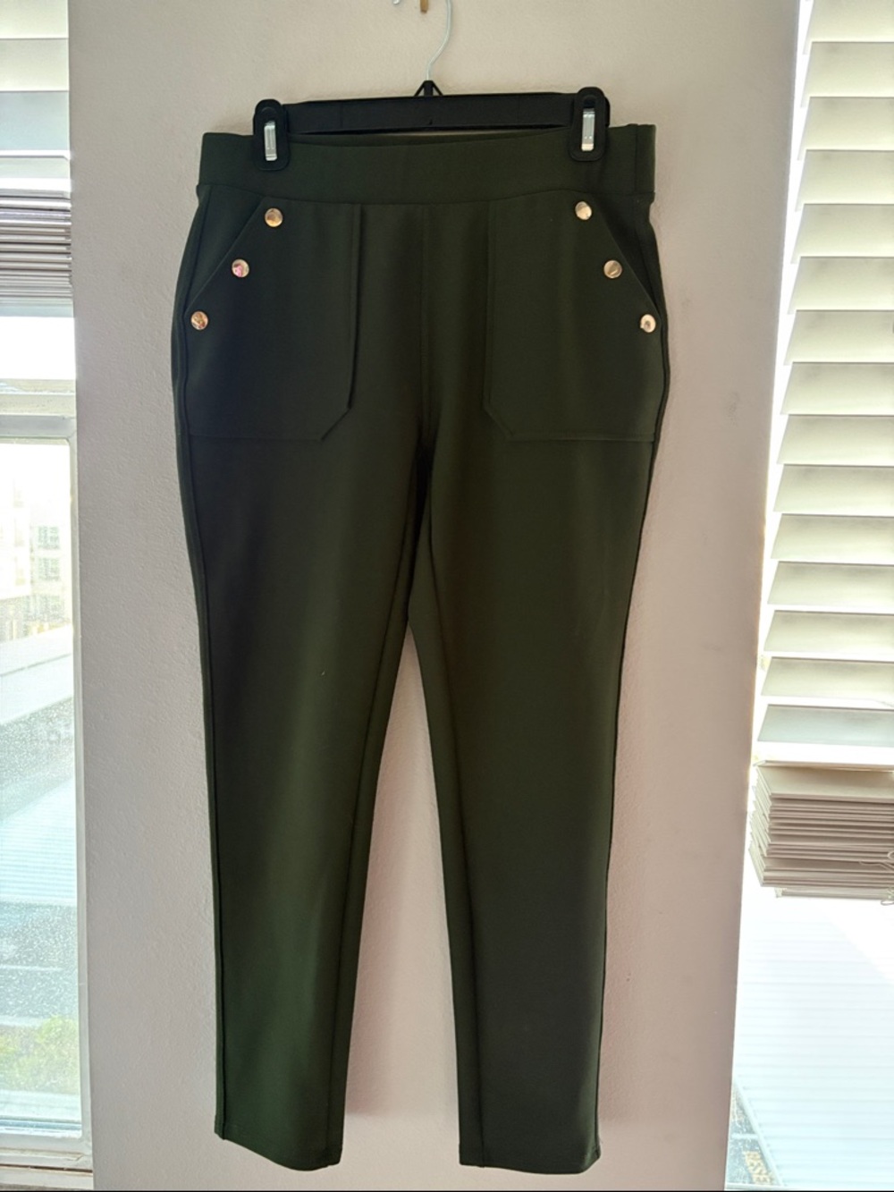 Olive Green Ponte Skinny Ankle Pants with Gold Buttons